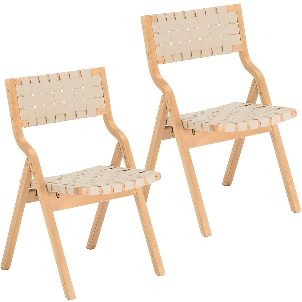 Wood Folding Chairs Set of 2, Wooden Indoor Stackable Dining Chairs for Kitchen & Dining Room Chair Woven Seat