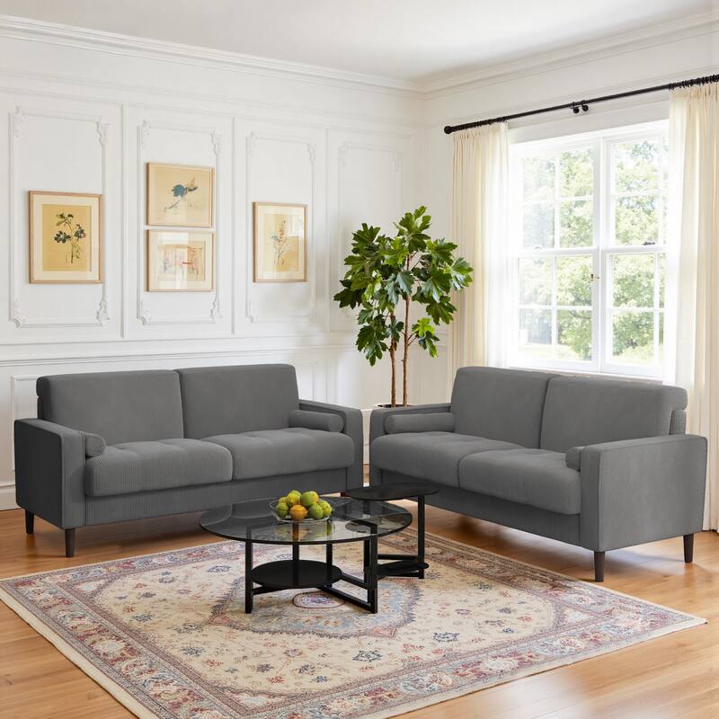 Modern Corduroy Upholstered Loveseat with Bolster Pillows and Wood Legs - Light Grey/2 set