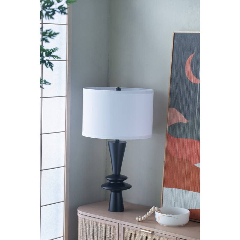 D15x26.7" Black Aluminum Table Lamp with Two Varying Round Accents and White Drum Shade(Lamp Shade Assembly Required) - Black