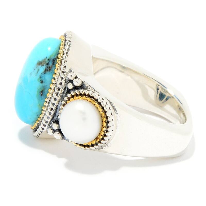 925 Sterling Silver Fresh Water Pearl and Blue Mohave Turquoise Ring