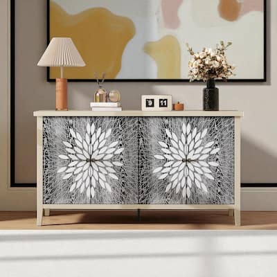 58" Modern Wood Grain Sideboard Cabinet with Carved 4 Doors & Adjustable Shelves for Kitchen or Entryway