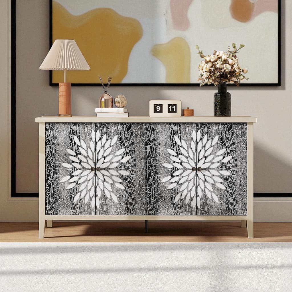 58" Modern Wood Grain Sideboard Cabinet with Carved 4 Doors & Adjustable Shelves for Kitchen or Entryway