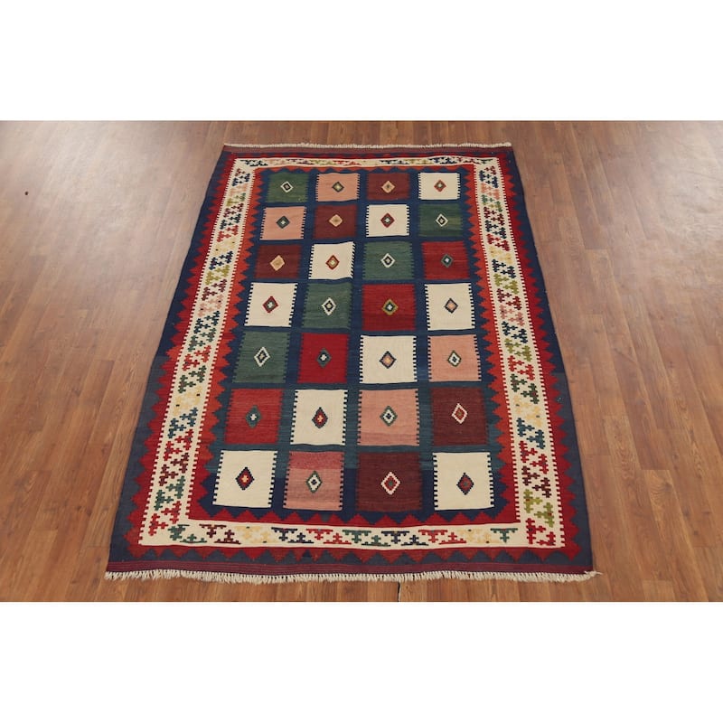 Kilim Qashqai Persian Vintage Rug Hand-Knotted Living Room Wool Carpet - 4'8"x 6'9"