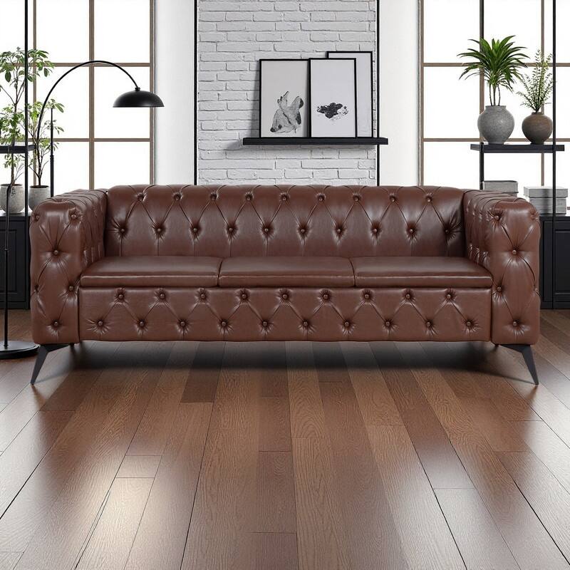 84.06" PU Traditional Square Arm 3-Seater Sofa with Removable Cushions, Pocket Spring Seat, and Iron Sled Base - Dark Brown