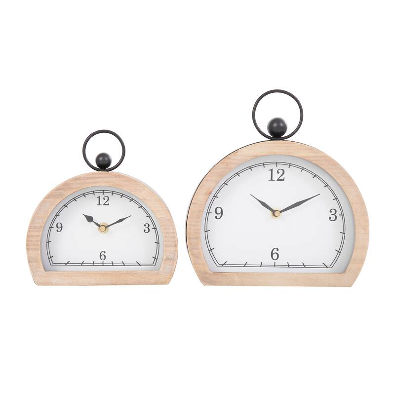 White or Black Wooden Semicircle Clock with Brown Wooden Frame and Ring Handle (Set of 2)