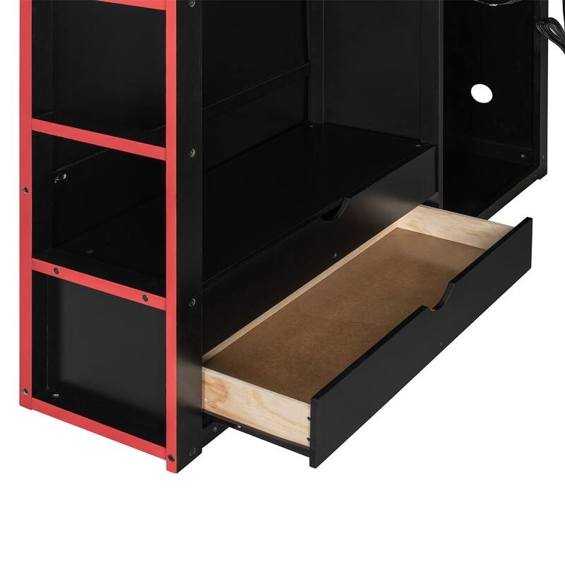 Full Size Gaming Loft Bed with Bulit-in Desk and Wardrobe, Wooden Loft Bedframe with RGB LED Light and Storage Drawers