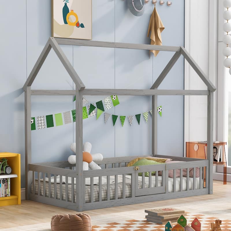 Pine Wood House Bed with Fence, Door, and Solid Construction - Twin - Gray