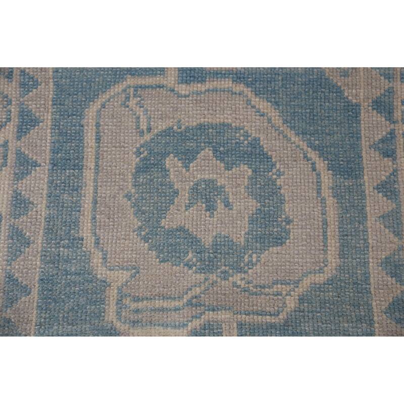 Hand Knotted Oriental 100% Wool Carpet Transitional Geometric Navy Blue & Blues Oushak Runner Rug - 18' 10'' X 3' 5''