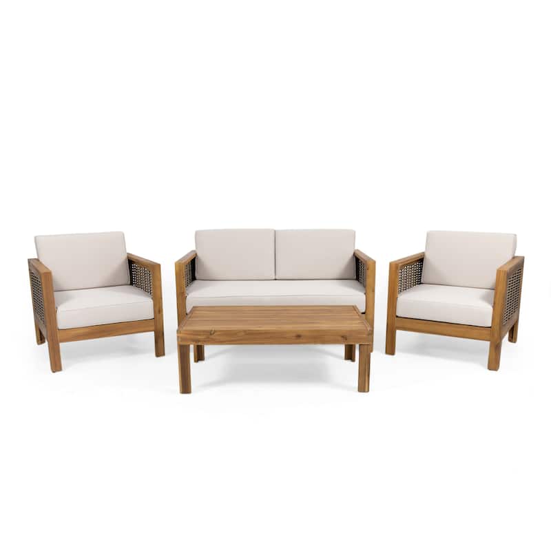 Linwood 4-piece Acacia Wood Patio Chat Set by Christopher Knight Home - Teak Finish + Mixed Brown + Beige