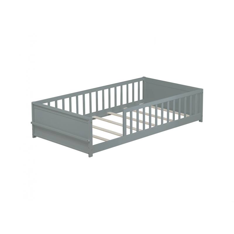 Twin size Floor Platform Bed with Built-in Book Rack