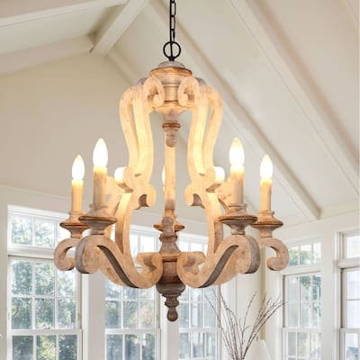 Antique 5-Light Wooden Candle Chandelier, Distressed White