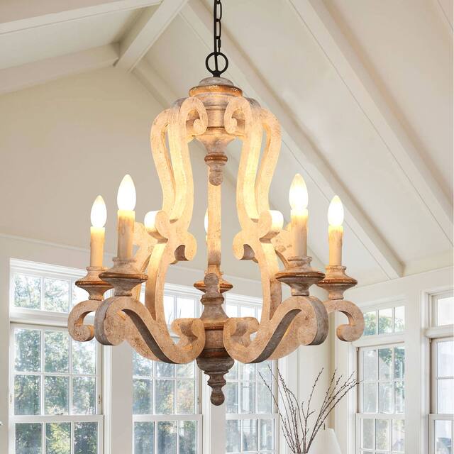 Oaks Aura 5-Light French Country Wood Lighting ,Farmhouse Candle Chandelier - Distressed White