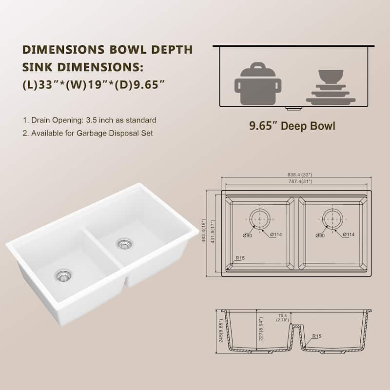 Lordear 33" Kitchen Sink Double Bowl Undermount Workstation Low Divider Quartz Composite Sink with Accessories