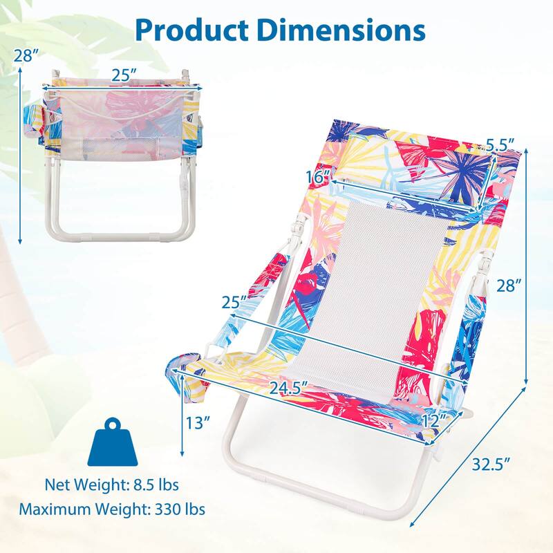 Costway Folding Low Beach Chair, Set of 2 with Padded Head Pillow,