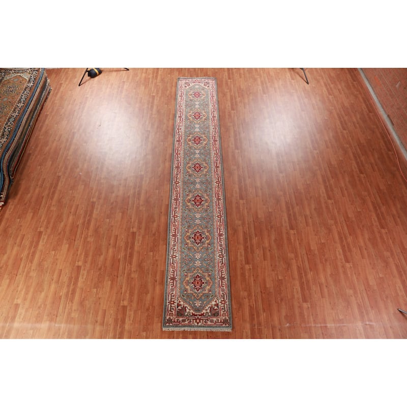 Light Blue Geometric Heriz Serapi Runner Rug Handmade Wool Carpet - 2'8"x 15'9"