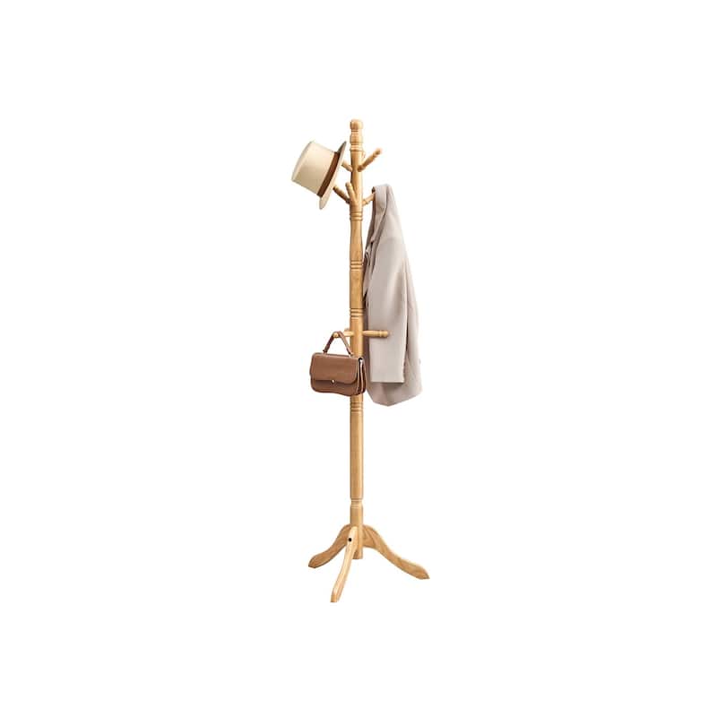 Natural Wood Freestanding Coat Rack Stand Tree with 9 Hooks and Tri Leg Base for Jackets and Hats - 18.5"D x 18.5"W x 70.5"H