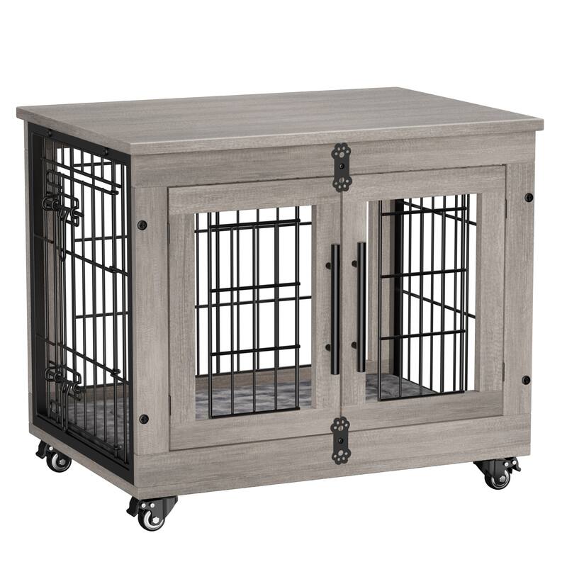 Dog Crate Indoor Heavy Duty Double Doors Wooden Dog Cage with Cushion - 27.1"×20“W×23”H - Grey - Assembly Required