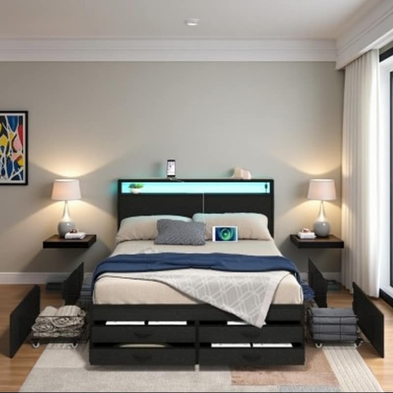 Full Size Metal Platform Bed with 8 Storage Drawers, LED Headboard, USB Charging Station & Smart RGB Lighting
