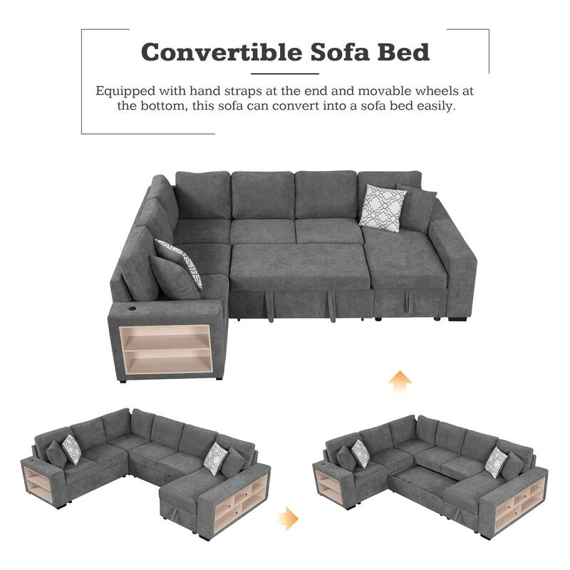Grey 109" U-Shaped 6 Seater Sectional Sofa with Pull-Out Bed, Storage Chaise Lounge, 4 Back Pillows, and USB Charging Ports