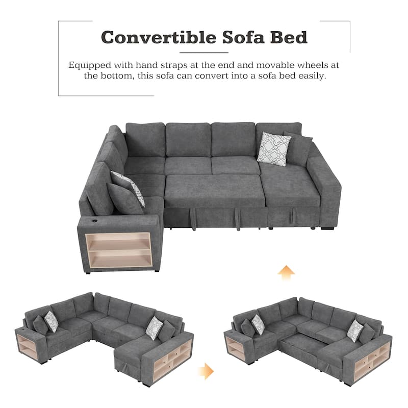 Roomfitters U-Shaped Sectional Sofa with Pull-Out Bed, Two USB Ports, Storage Chaise Lounge, and Four Back Pillows