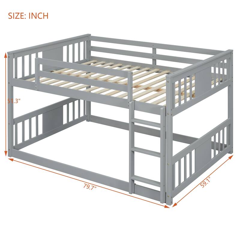 Full Over Full Bunk Bed with Ladder and Gray Solid Wood, 300lb Capacity, Space-Saving Design