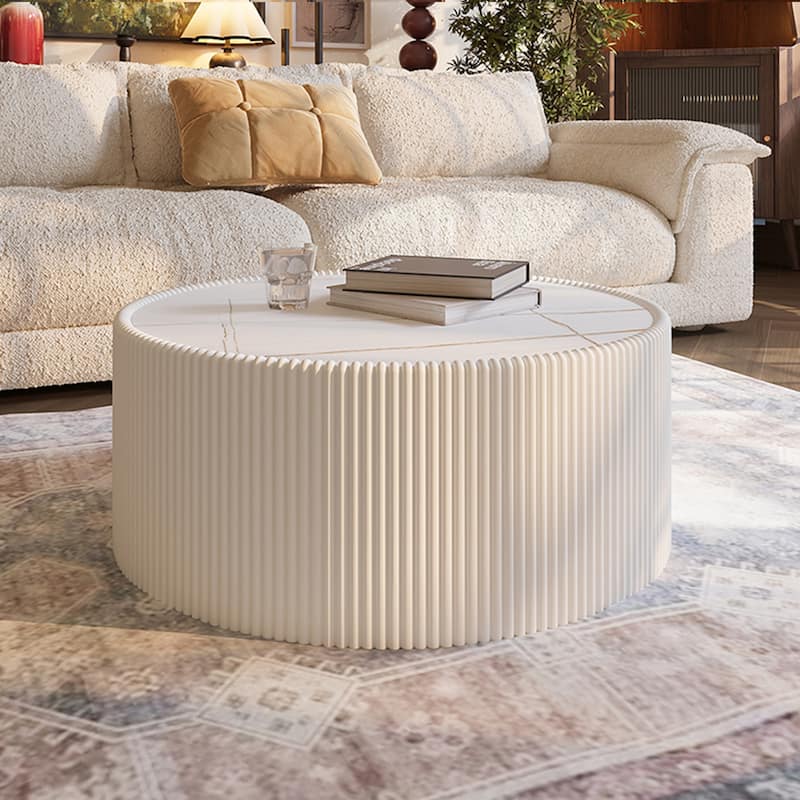 29.52" Modern Round Coffee Table with Marble Top & Leather Wrap, Living Room Table Elegant End Table Sofa Side Table