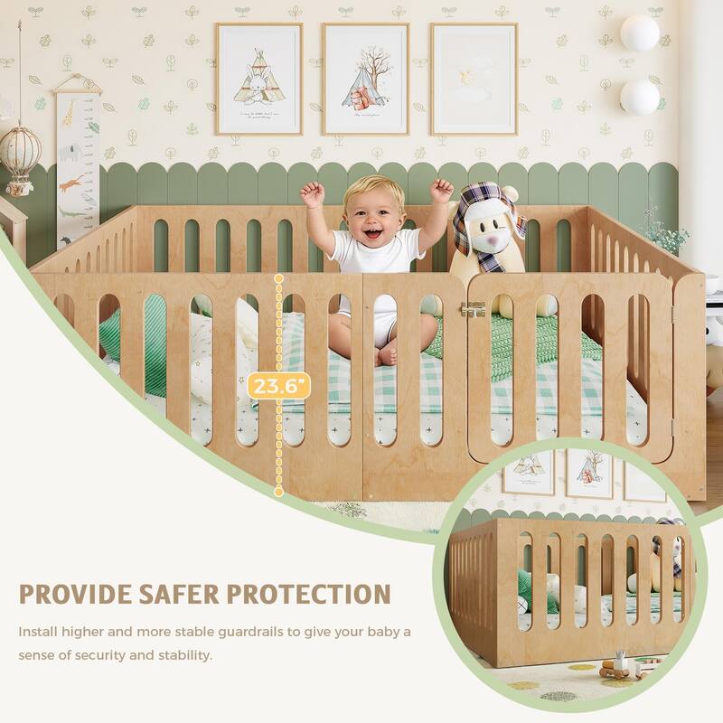 Full Size Floor Bed with High Fence for Kids, Solid Wood Kids Montessori Bed with Door, No Box Spring Needed Design