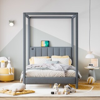Canopy Bed with USB and Type-C Ports, Upholstered Canopy Platform Bed Frame with Headboard, Wood Slat Support, for Kids Teens