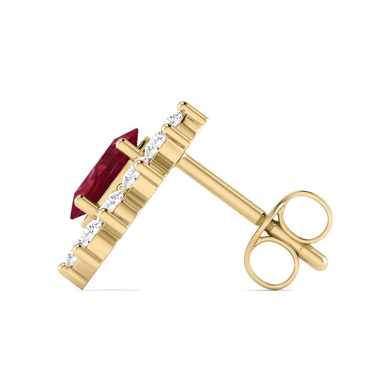 Marquee Oval Shape Ruby and Diamond Flower Earrings in 14K Yellow Gold