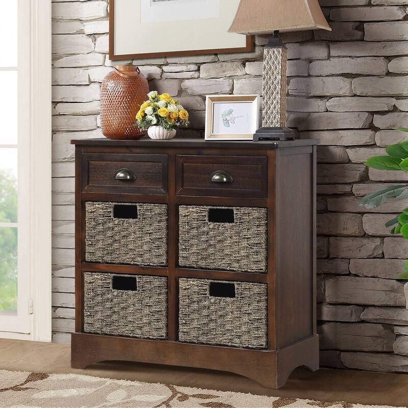 28'' Wood Storage Cabinet with 2 Drawers and 4 Rattan Basket - Brown