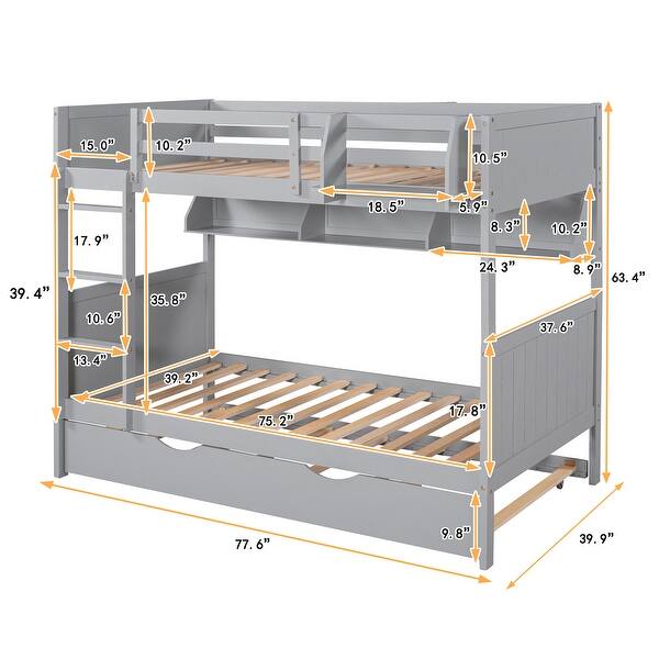 dimension image slide 1 of 2, Twin-Over-Twin Bunk Bed with Twin Trundle & Bookshelf - Separable for Versatility
