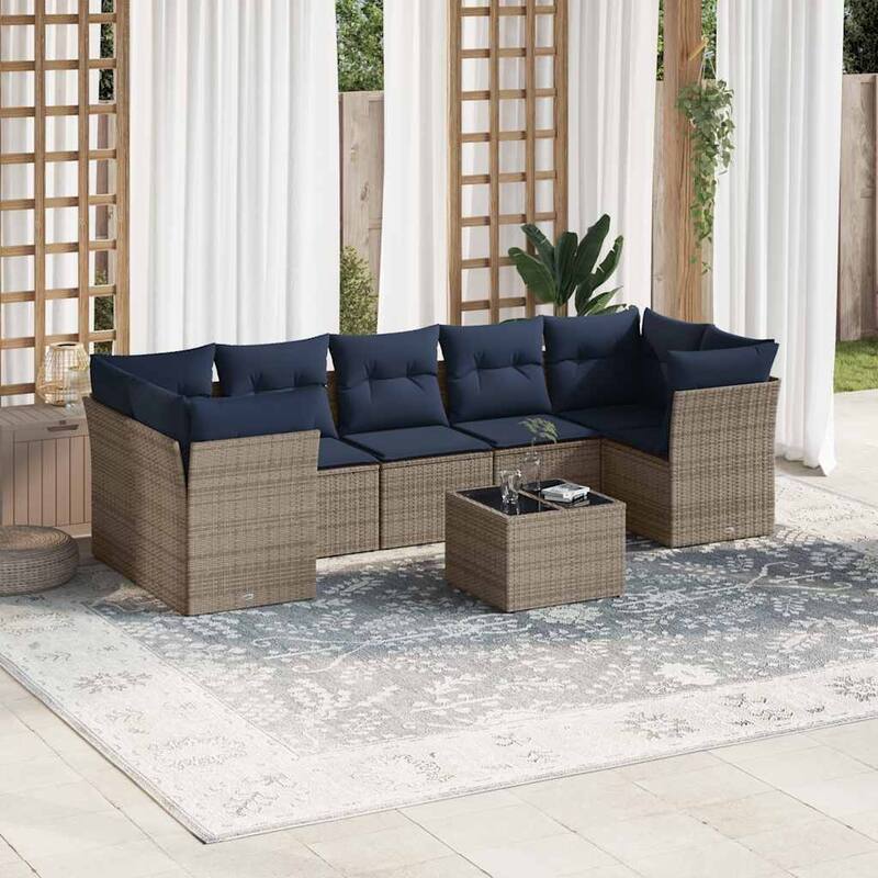 vidaXL 8 Piece Patio Sofa Set with Cushions Brown/Gray Poly Rattan - 24.4 x 24.4 x 27.2 - Gray