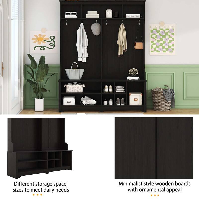 MultiFunctional Entryway Hall Tree with Metal Hooks,Shoe Cubbies and