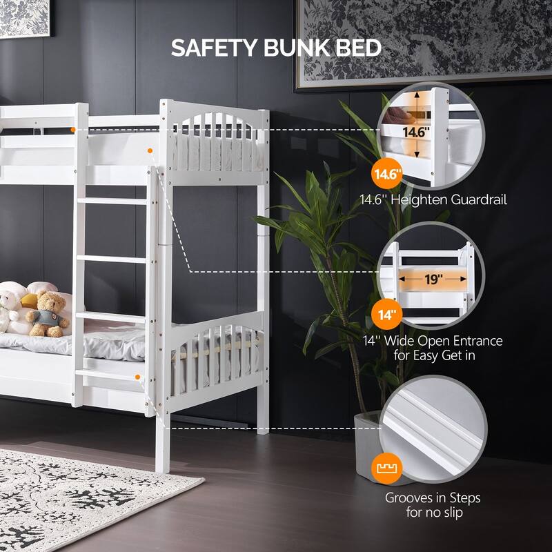 White Bunk Bed Twin Over Twin with LED Lights and USB Port Charge Station