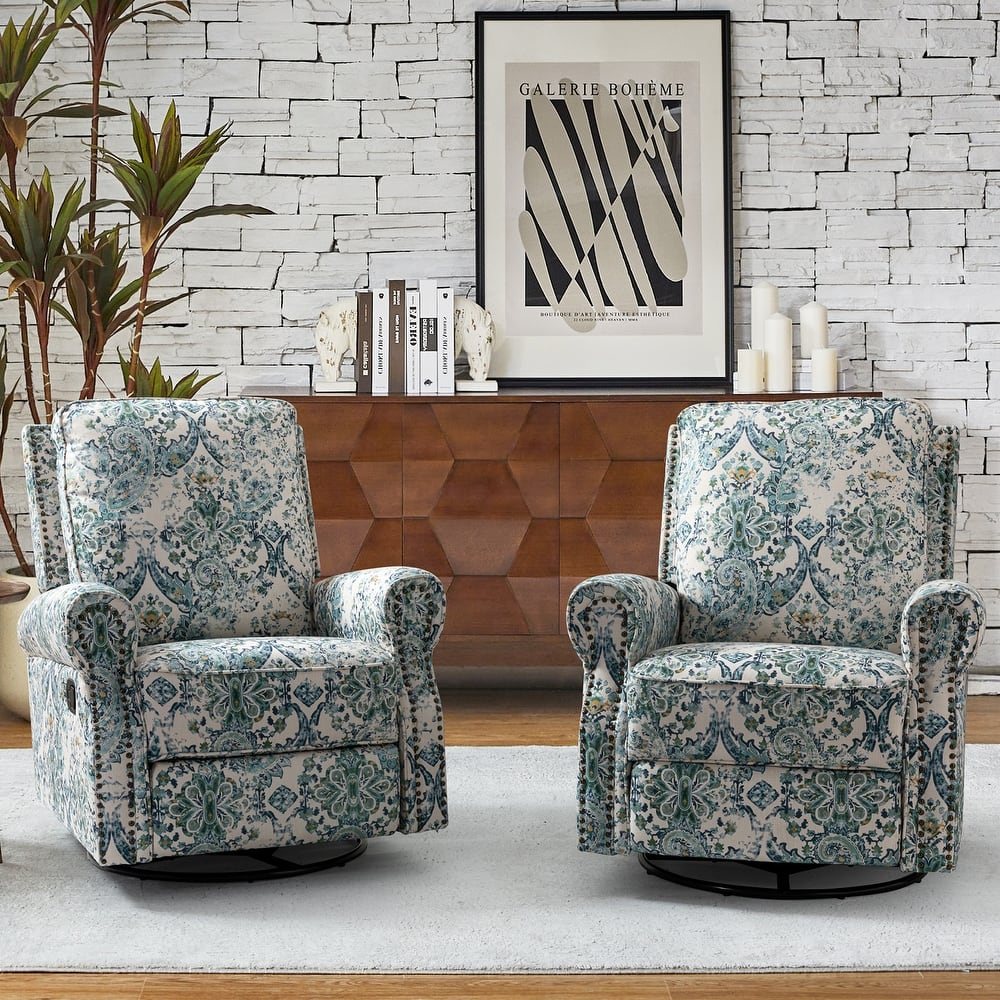 Roderich Farmhouse Floral Print Swivel Rocker Recliner with Rolled Arms Set of 2 by HULALA HOME