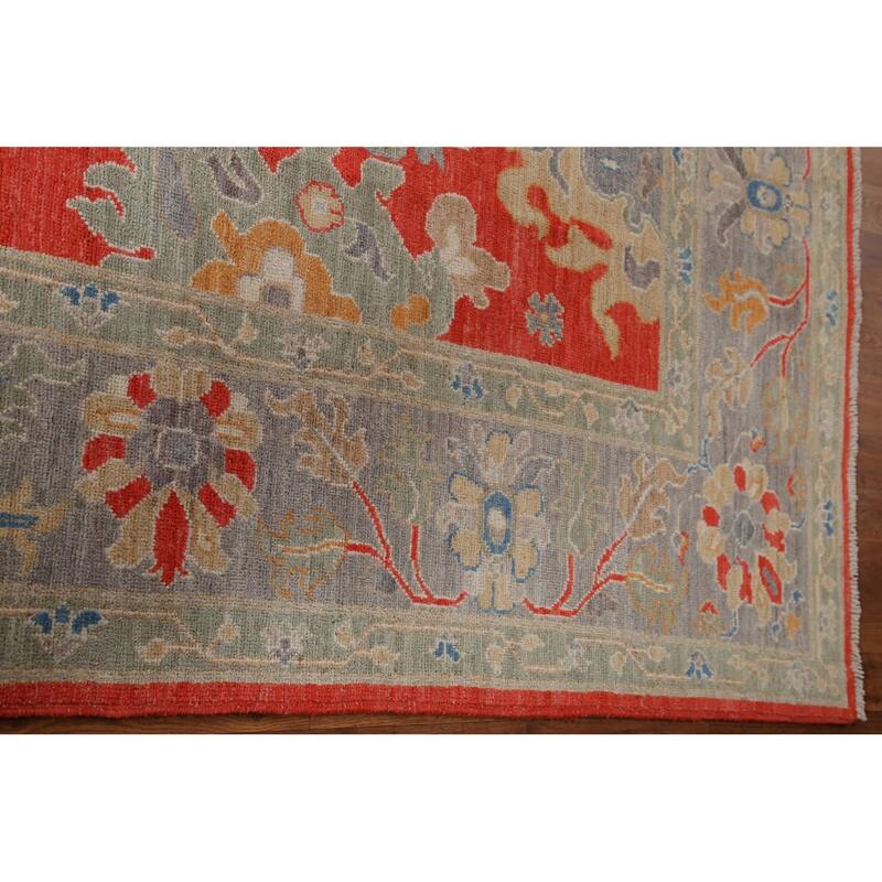 Red Floral Oushak Vegetable Dye Area Rug Handmade Wool Carpet - 8'2"x 9'11"