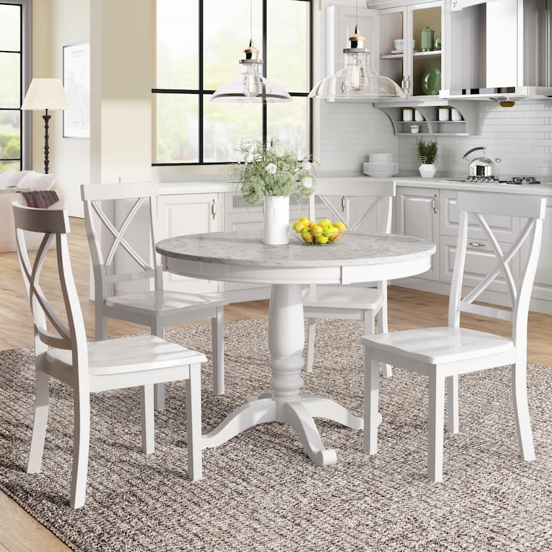 5 Piece Solid Wood Table Chaire Set, Kitchen Breakfast Furniture Set with Round Dining Table and 4 Upholstered Chairs - White