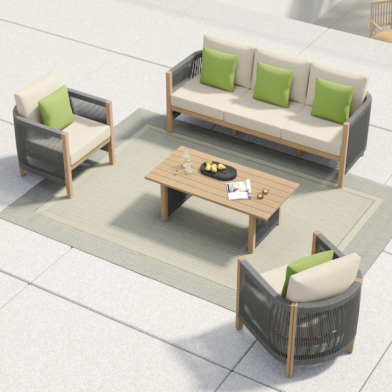 Corvus Iona 4-piece Patio Eucalyptus Wood and Rope Sofa Seating Set with Sunbrella Fabric