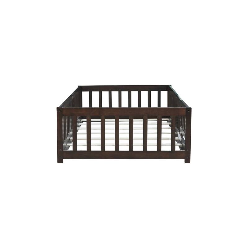 Twin Size Floor Bed with Fence and Door,Rubber Wood Floor Bed with Safety Guardrails
