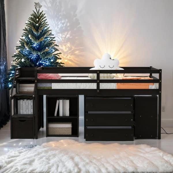 slide 2 of 59, Full Size Loft Bed with Retractable Writing Desk and 3 Drawers, Espresso Espresso