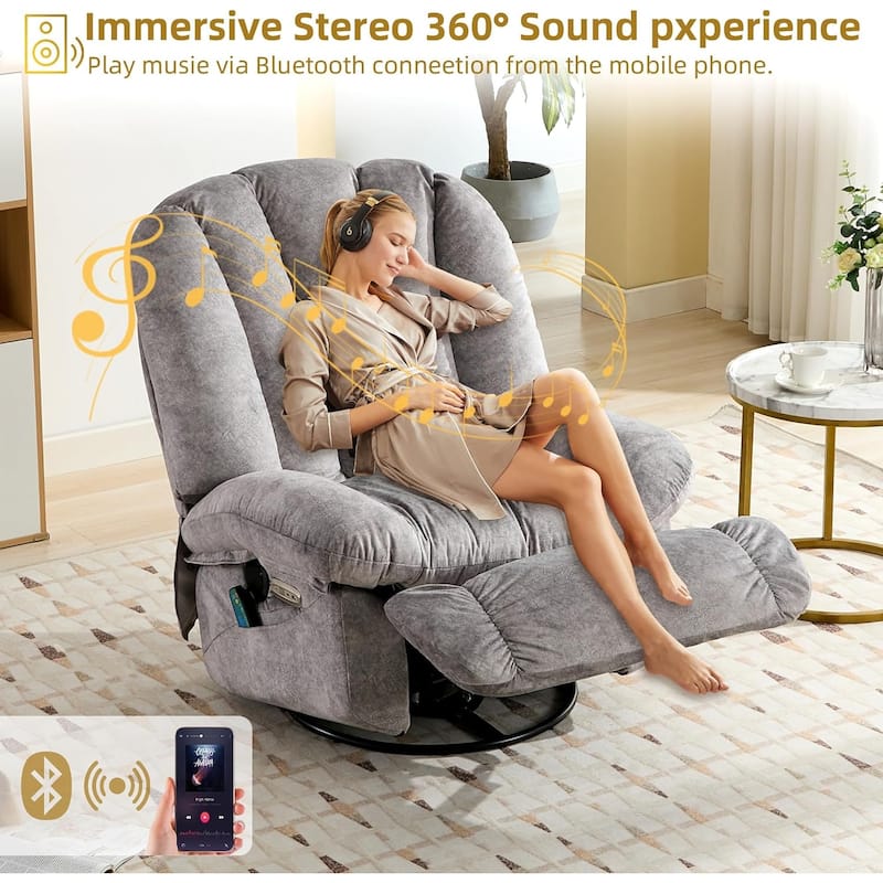 Shell Shape Power Recliner Chair, Chenille Fabric Swivel Rocker Recliner with Bluetooth Speaker