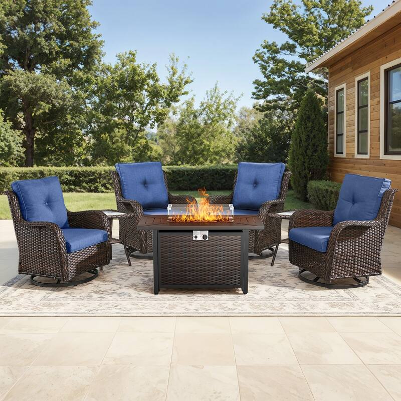 Gymojoy 7-Piece Outdoor Wicker Set with 4 Swivel Rockers & 55,000 BTU Fire Pit Table for Patio - Brown Wicker / Blue Cusion - 7-Piece