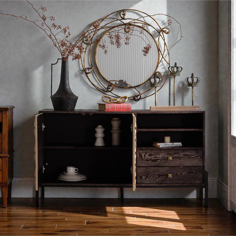 56.30" Mid-Century Modern Sideboard Cabinet with 3D Geometric Doors, Solid Wood & MDF Buffet Console Table