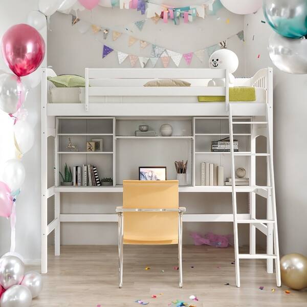 slide 2 of 25, Twin size Loft Bed With Storage Shelves,Desk And Ladder,Sturdy Frame,Kids Bedroom Sets White