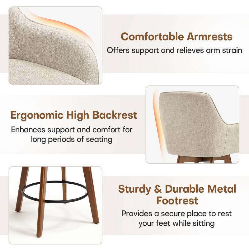 25 Inch Upholstered Swivel Counter Height Bar Stool with Armrests, Solid Wood Legs - 23.6"W x 22.4"D x 40.2"H