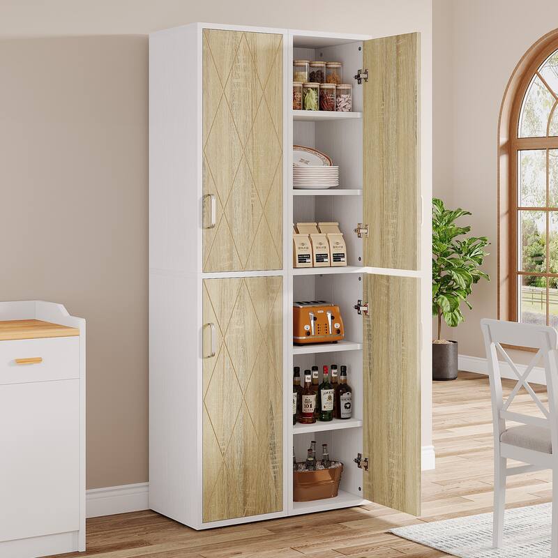 75.39" White/ Nature Wooden Bathroom Cabinet with Doors and Shelves