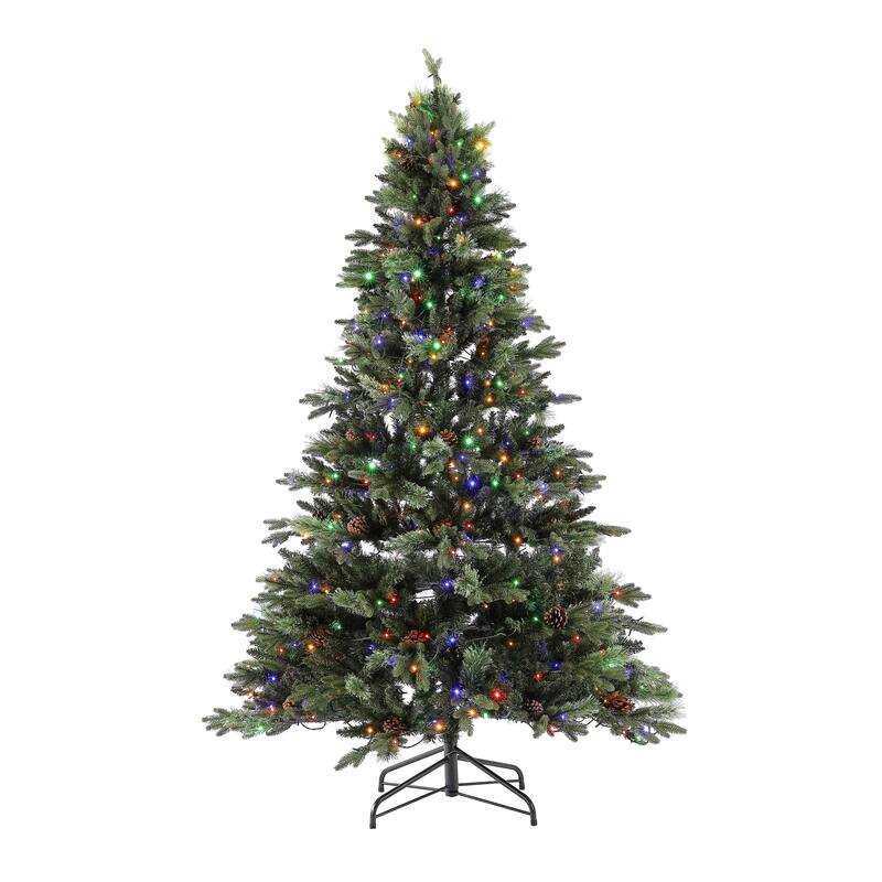 SAFAVIEH 7.5 Ft, Green, Pre-Lit Artificial Christmas Tree With Pine Cones - 56" W x 56" D x 90" H