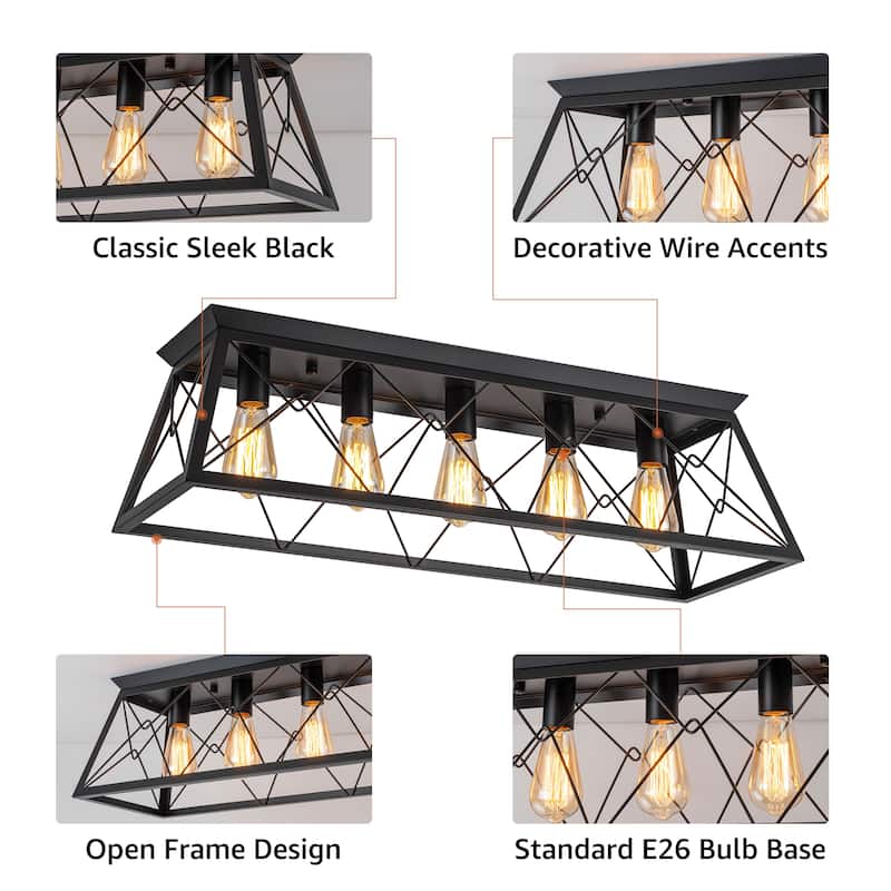 Starsky 5-Light Linear Farmhouse Rectangular Open Cage Flush Mount