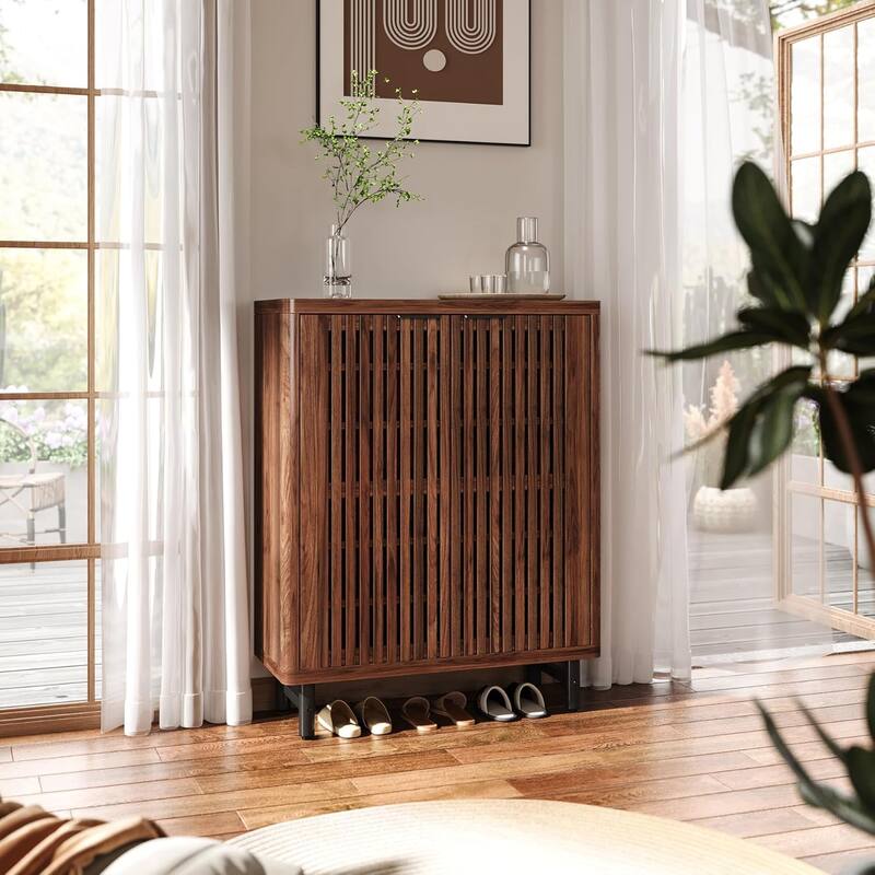 6-Tier Shoe Cabinet with Shutter Doors Adjustable Shelves Wooden Storage Cabinet for Entryway/Hallway/Closet/Living Room