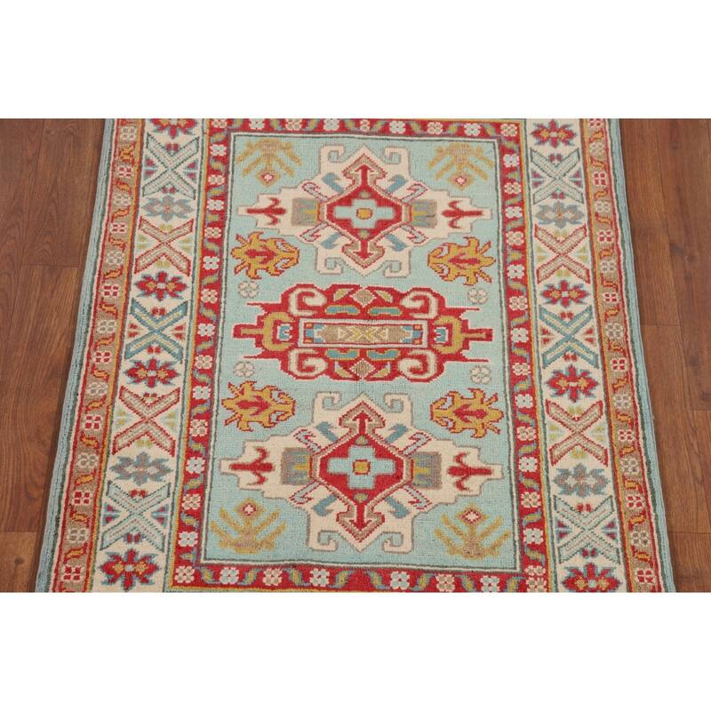 Turquoise Blue Kazak Oriental Accent Rug Hand-Knotted Wool Carpet - 2'9" x 3'11"